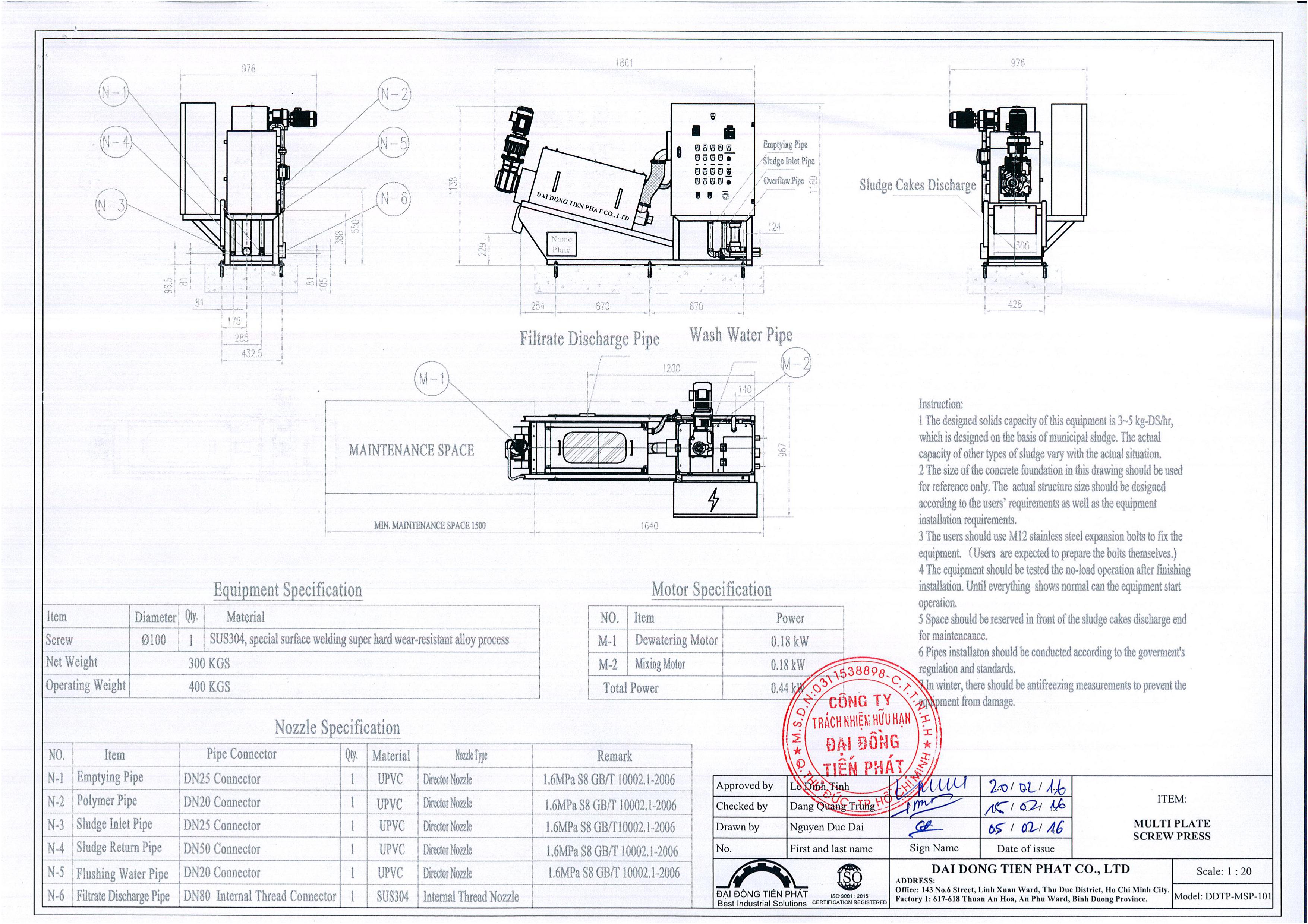 Bản vẽ máy ép bùn trục vít model DDTP-MSSP-101